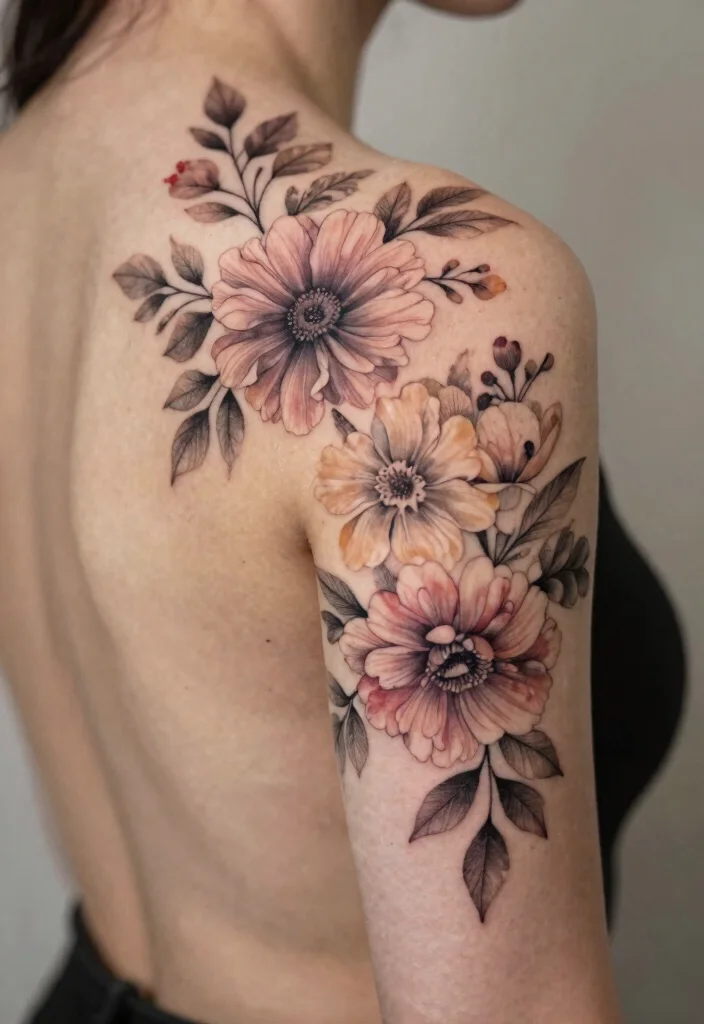 16 Flower Tattoo on Back Ideas With Elegant Flow - 15. Floral Neckline 1