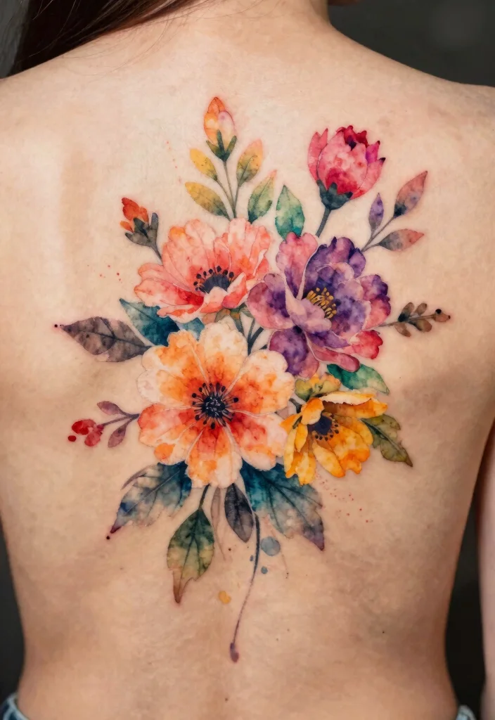 16 Flower Tattoo on Back Ideas With Elegant Flow - 16. Watercolor Florals 1