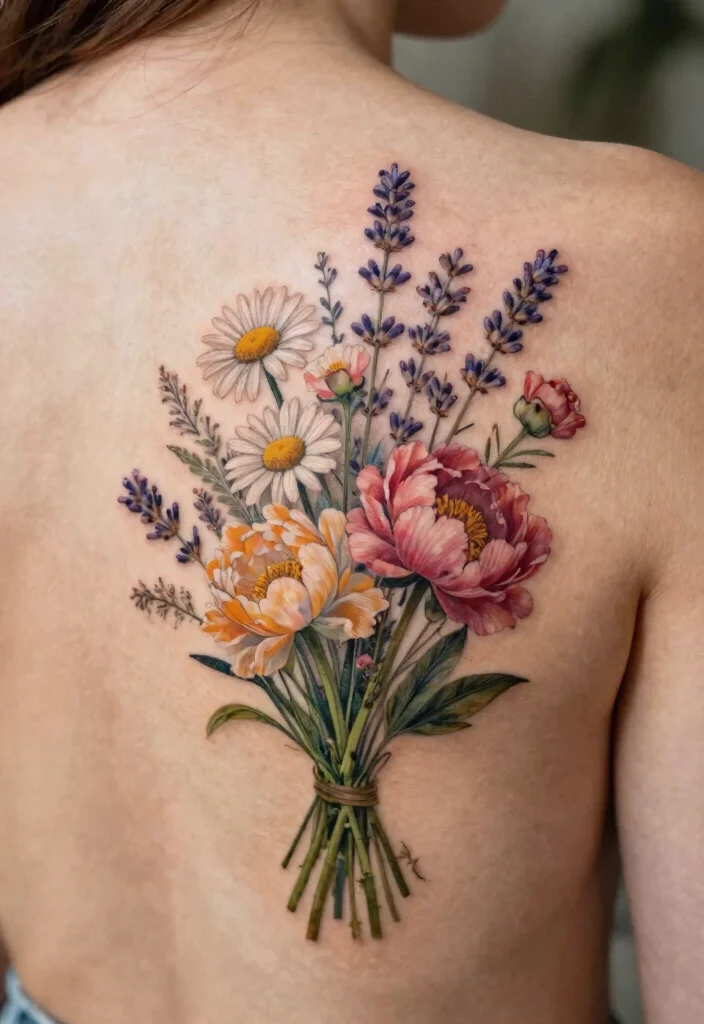 16 Flower Tattoo on Back Ideas With Elegant Flow - 2. Wildflower Bouquet 1