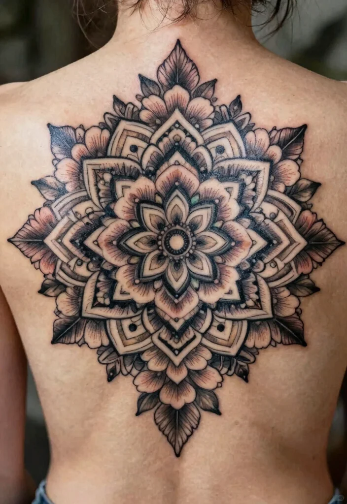16 Flower Tattoo on Back Ideas With Elegant Flow - 9. Floral Mandala Fusion 1