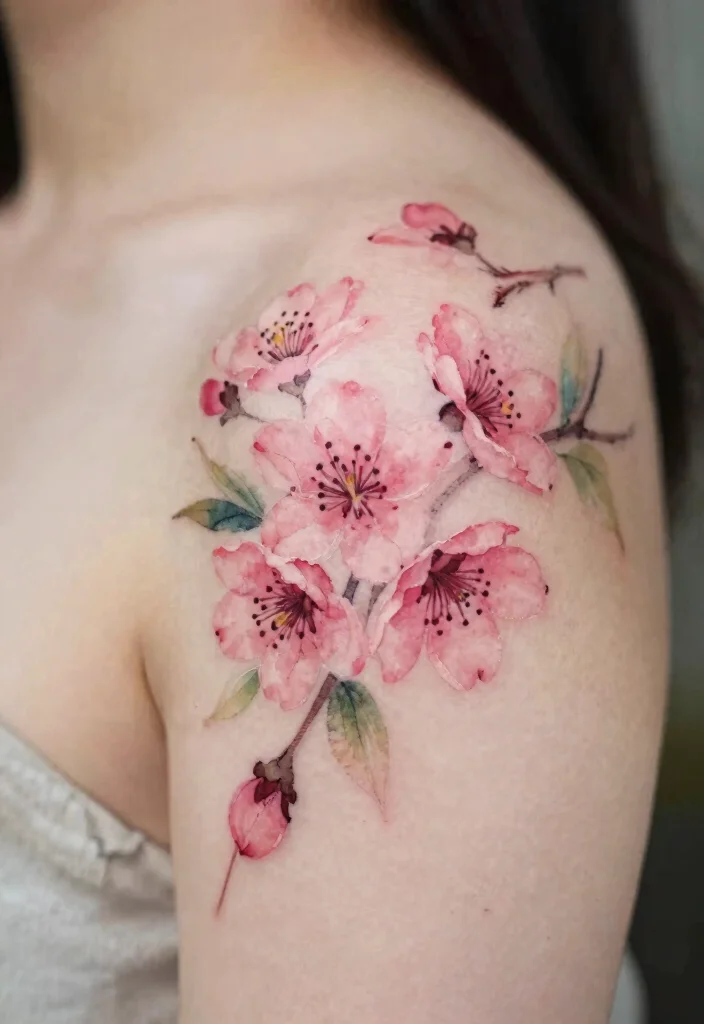 16 Flower on Shoulder Tattoo Ideas With Soft Feminine Detail - 1. Enchanting Cherry Blossoms 1