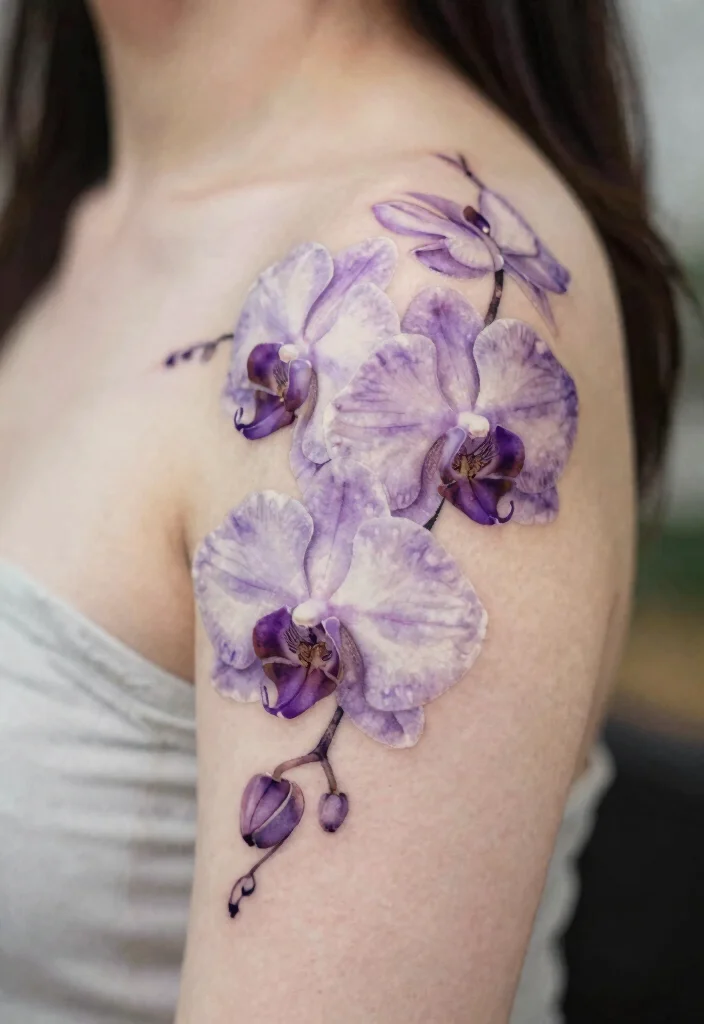 16 Flower on Shoulder Tattoo Ideas With Soft Feminine Detail - 10. Delicate Orchid Blooms 1