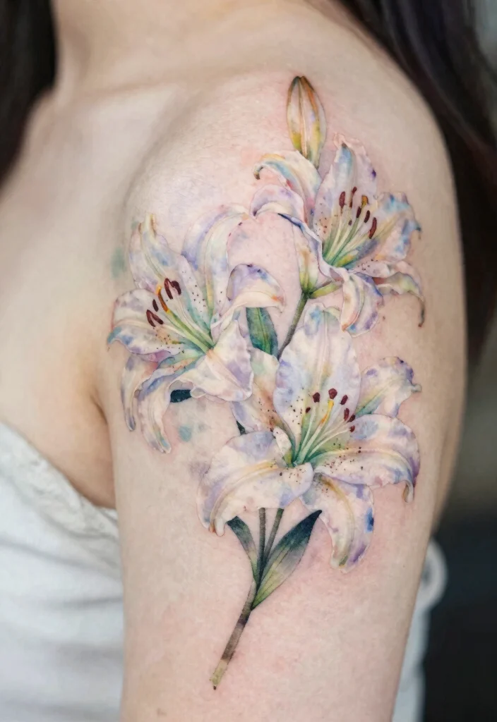 16 Flower on Shoulder Tattoo Ideas With Soft Feminine Detail - 11. Sweet Lily Blossoms 1