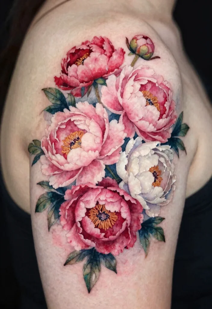 16 Flower on Shoulder Tattoo Ideas With Soft Feminine Detail - 12. Charming Peony Bouquet 1