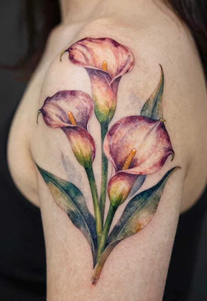 16 Flower on Shoulder Tattoo Ideas With Soft Feminine Detail - 15. Exotic Calla Lilies 1