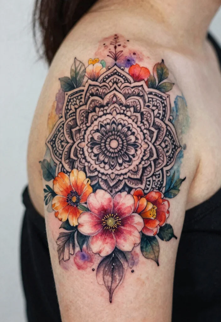 16 Flower on Shoulder Tattoo Ideas With Soft Feminine Detail - 16. Floral Mandala Fusion 1