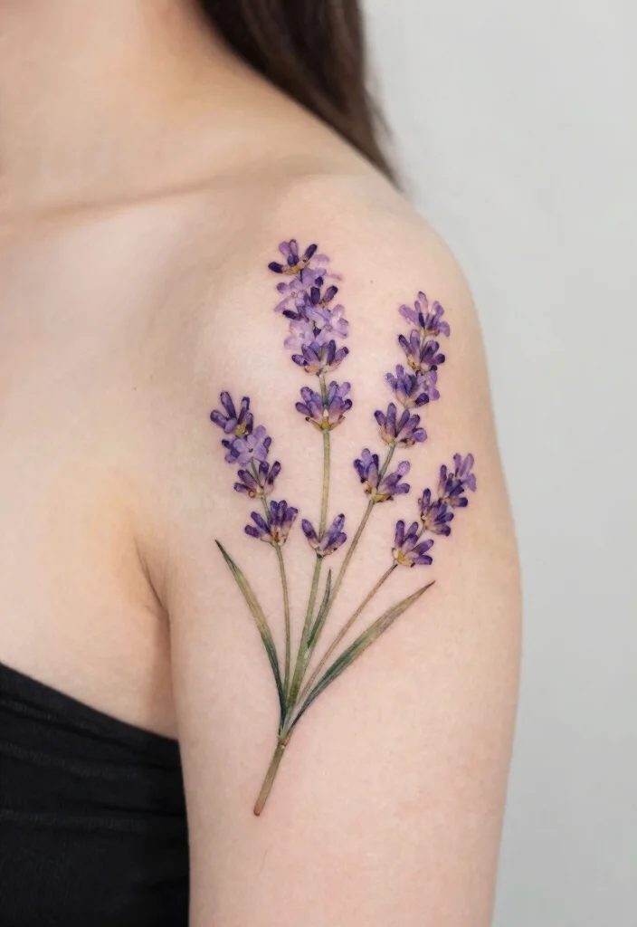 16 Flower on Shoulder Tattoo Ideas With Soft Feminine Detail - 2. Elegant Lavender Sprigs 1