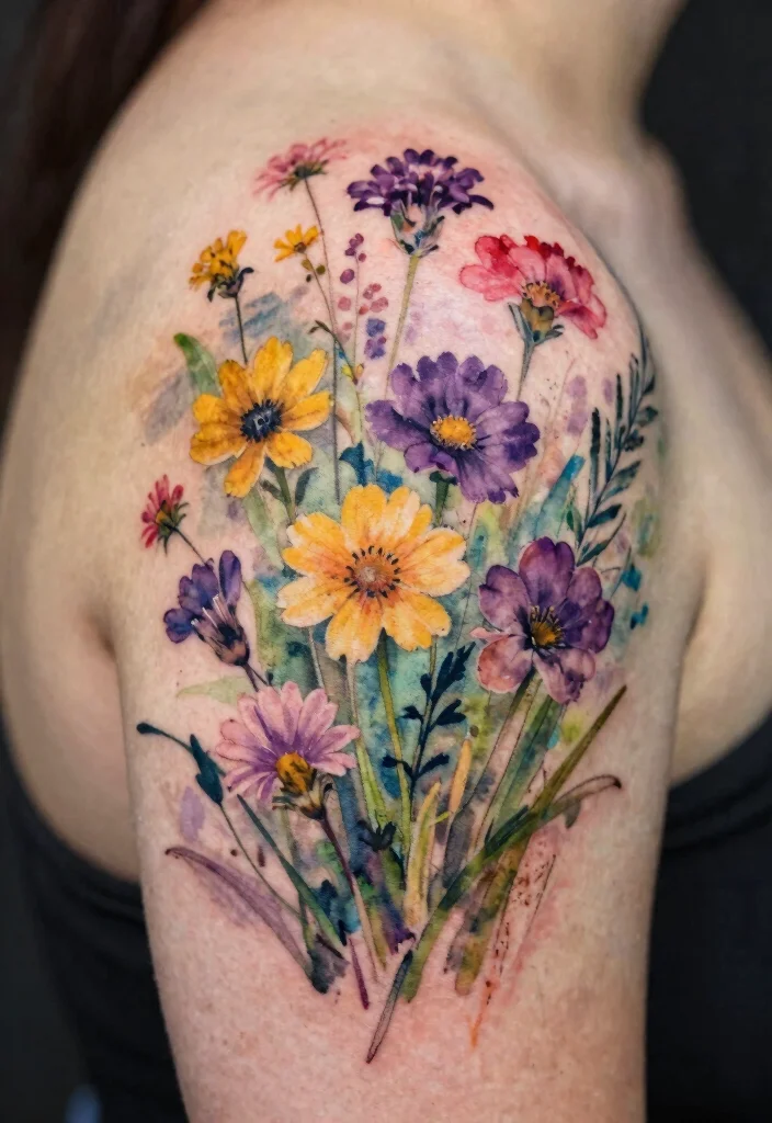 16 Flower on Shoulder Tattoo Ideas With Soft Feminine Detail - 3. Whimsical Wildflowers 1