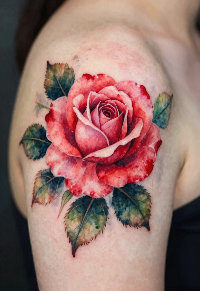 16 Flower on Shoulder Tattoo Ideas With Soft Feminine Detail - 5. Romantic Rose Watercolor 1