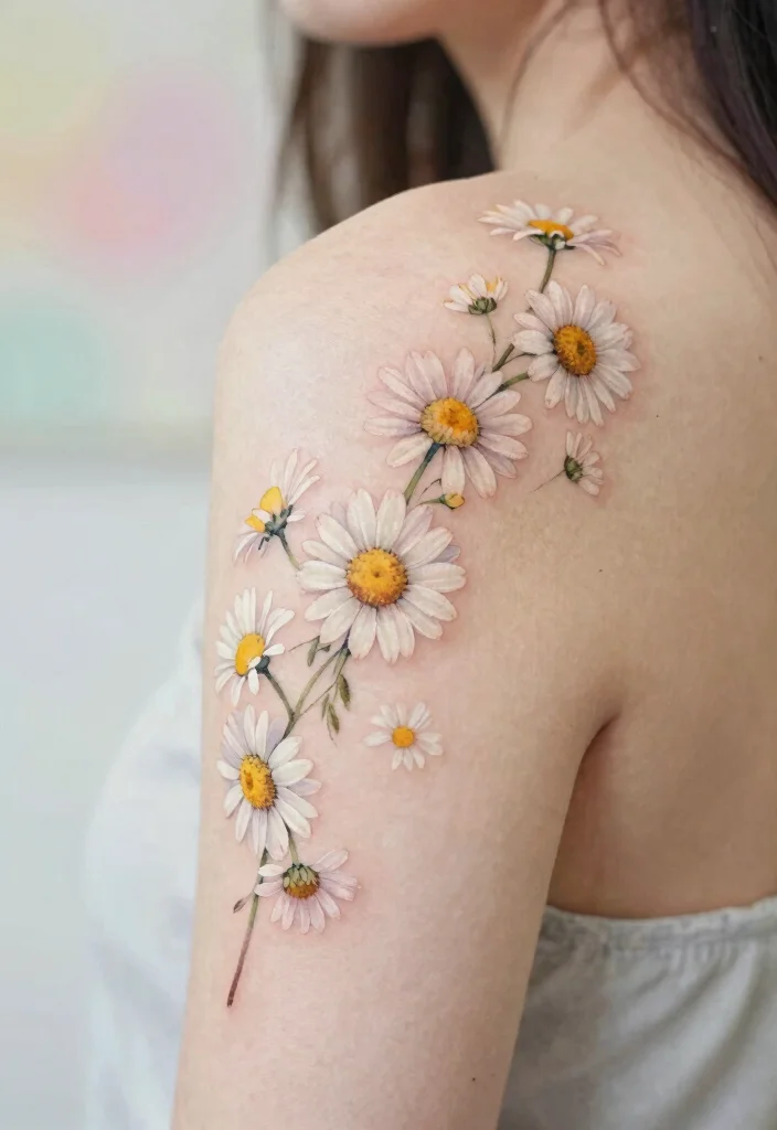 16 Flower on Shoulder Tattoo Ideas With Soft Feminine Detail - 6. Dainty Daisy Chain 1