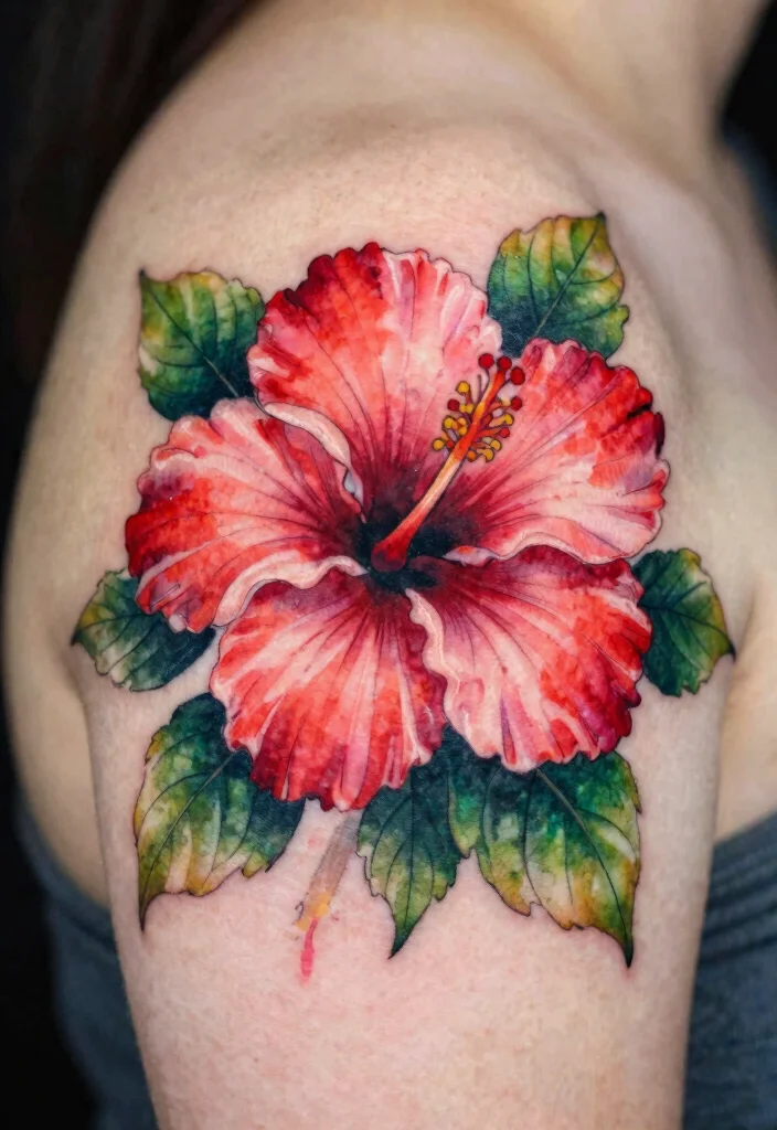 16 Flower on Shoulder Tattoo Ideas With Soft Feminine Detail - 7. Vibrant Hibiscus Blooms 1