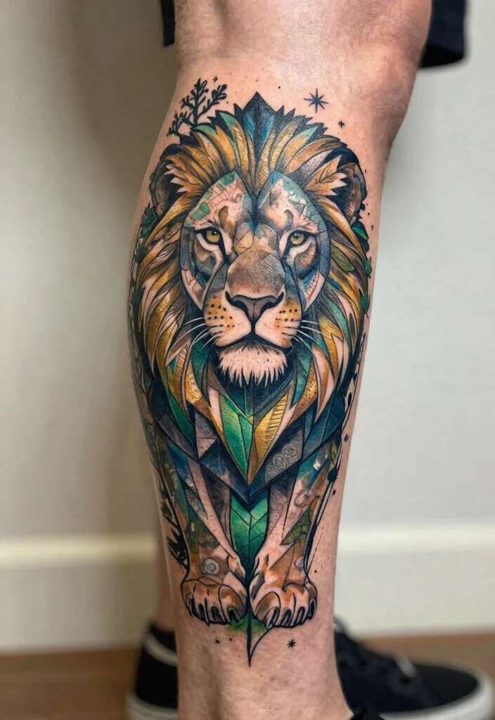 16 Geometric Lion Tattoo Design Ideas With Modern Power - 10. Geometric Lion with Nature Elements 1