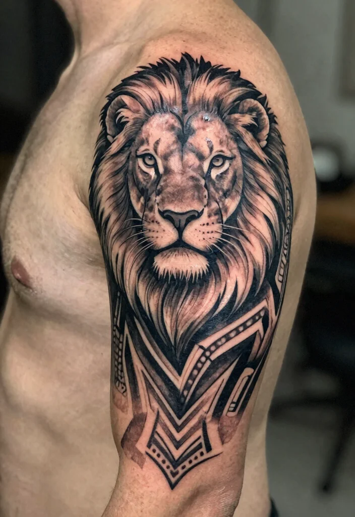 16 Geometric Lion Tattoo Design Ideas With Modern Power - 11. Geometric Lion with Tribal Influence 1