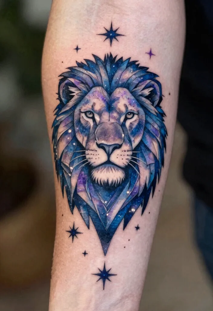 16 Geometric Lion Tattoo Design Ideas With Modern Power - 13. Geometric Lion with Stars 1