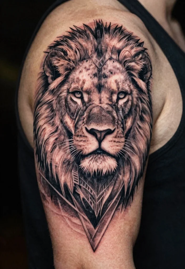 16 Geometric Lion Tattoo Design Ideas With Modern Power - 14. Double Exposure Lion 1