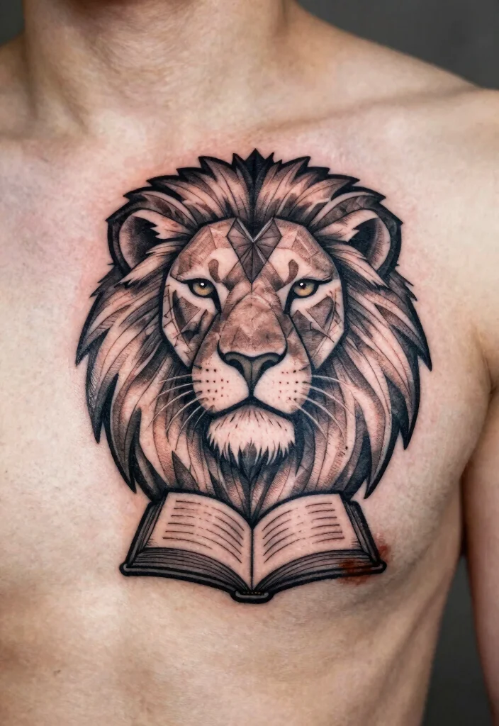16 Geometric Lion Tattoo Design Ideas With Modern Power - 15. Lion's Wisdom 1