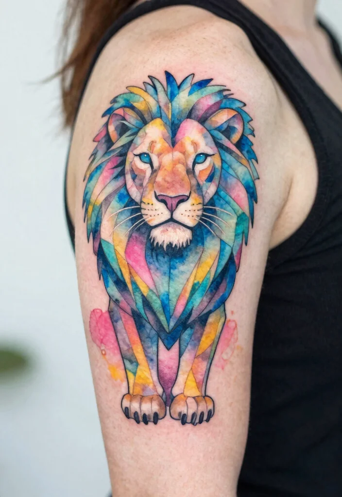 16 Geometric Lion Tattoo Design Ideas With Modern Power - 4. Whimsical Watercolor Lion 1