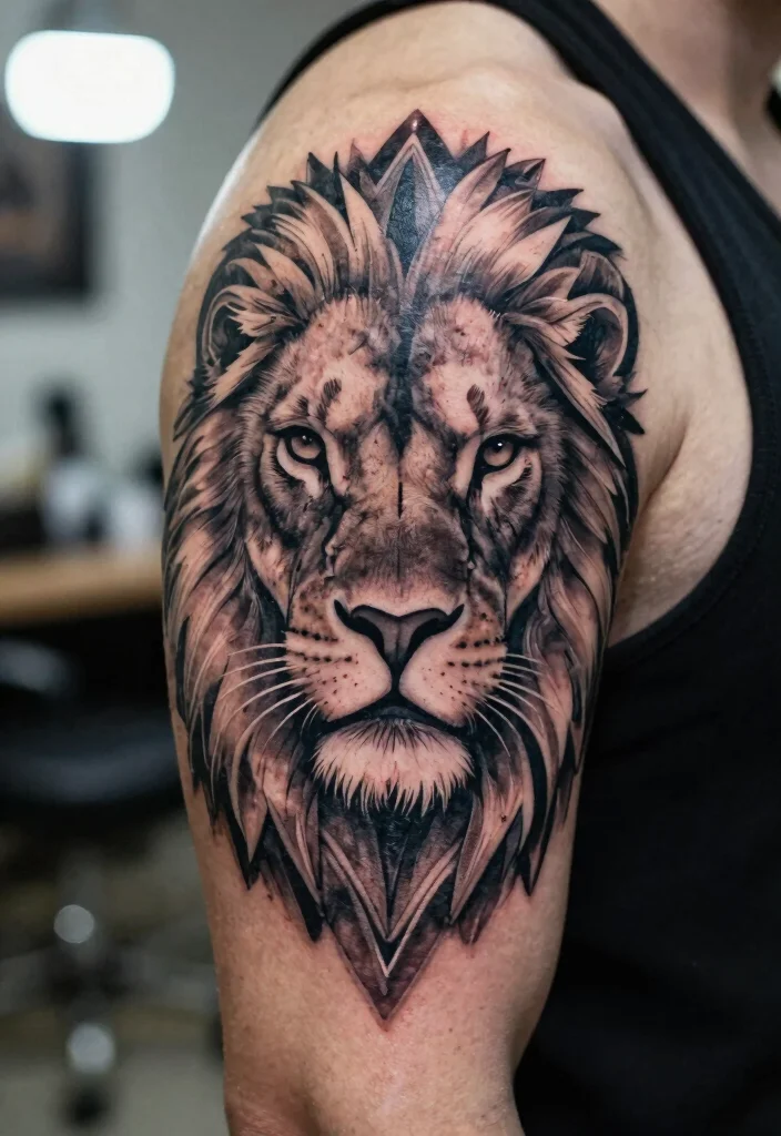 16 Geometric Lion Tattoo Design Ideas With Modern Power - 9. Layered Geometric Features 1
