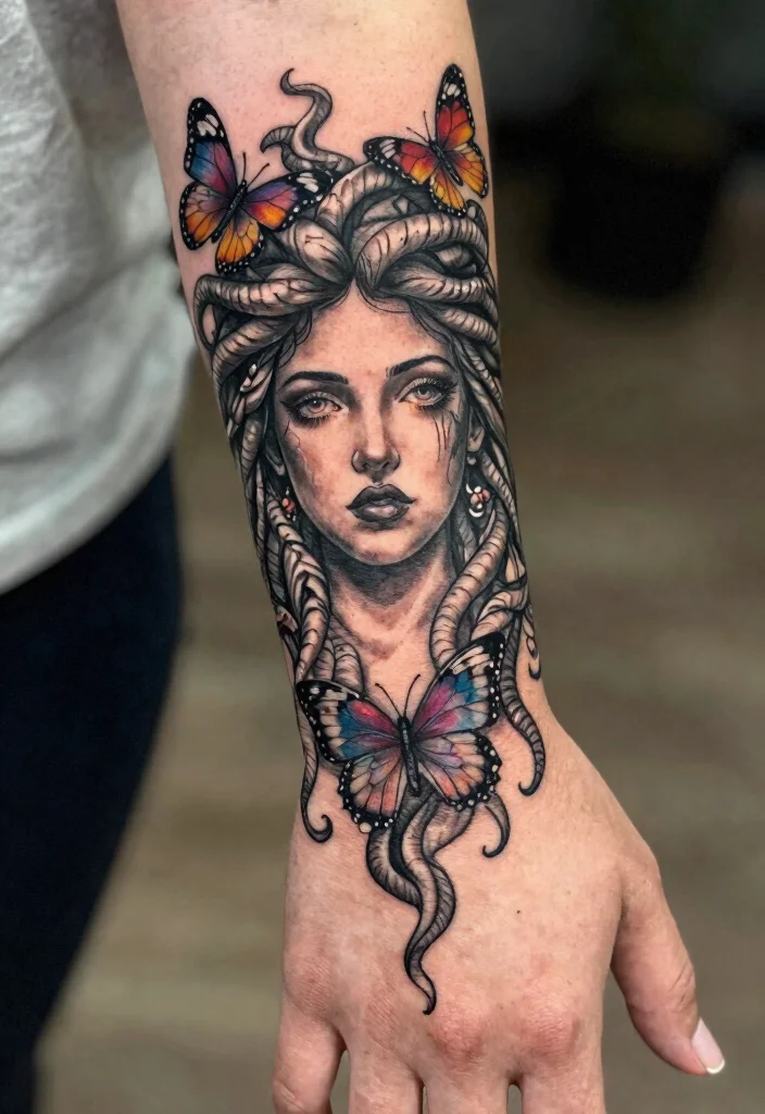 16 Medusa Hand Tattoo 2026 Trending Ideas With Fierce Energy - 11. Medusa with Butterfly Transformation 1