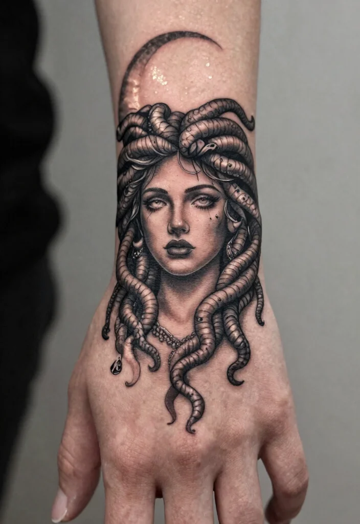 16 Medusa Hand Tattoo 2026 Trending Ideas With Fierce Energy - 12. Medusa with Crescent Moon 1