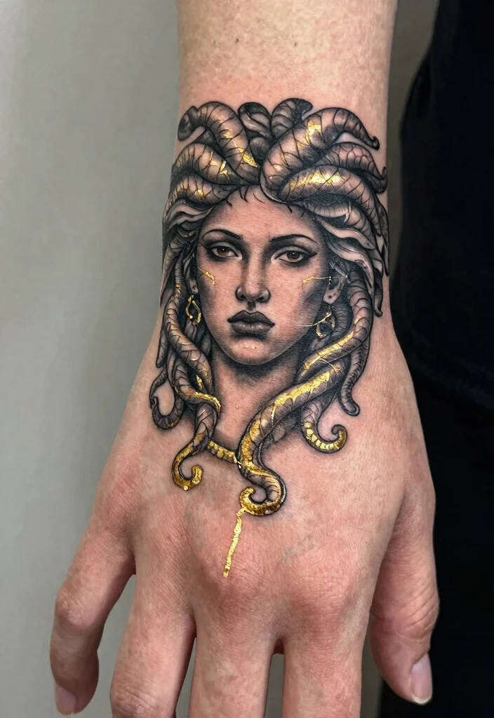16 Medusa Hand Tattoo 2026 Trending Ideas With Fierce Energy - 14. Medusa with Kintsugi Technique 1