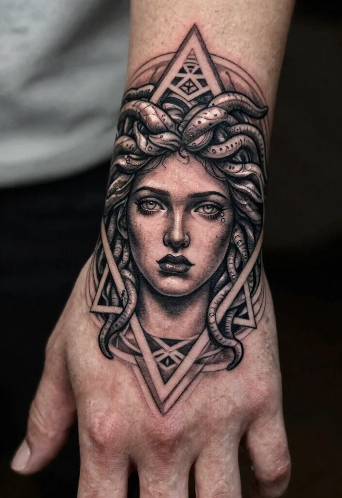 16 Medusa Hand Tattoo 2026 Trending Ideas With Fierce Energy - 15. Medusa with Sacred Geometry 1