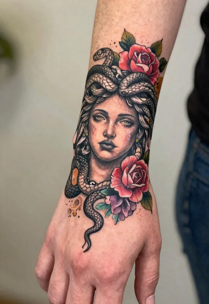 16 Medusa Hand Tattoo 2026 Trending Ideas With Fierce Energy - 2. Medusa with Floral Accents 1