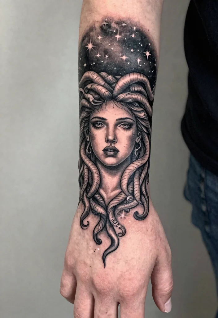 16 Medusa Hand Tattoo 2026 Trending Ideas With Fierce Energy - 7. Medusa with Starry Night Background 1