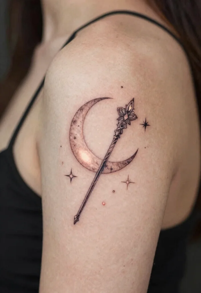 16 Moon Tattoo Fine Line Ideas With Subtle Beauty - 10. Moon with a Wand 1