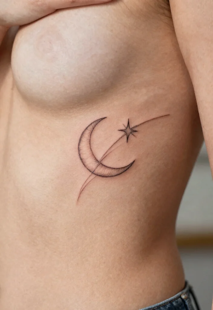 16 Moon Tattoo Fine Line Ideas With Subtle Beauty - 13. Shooting Star and Moon 1
