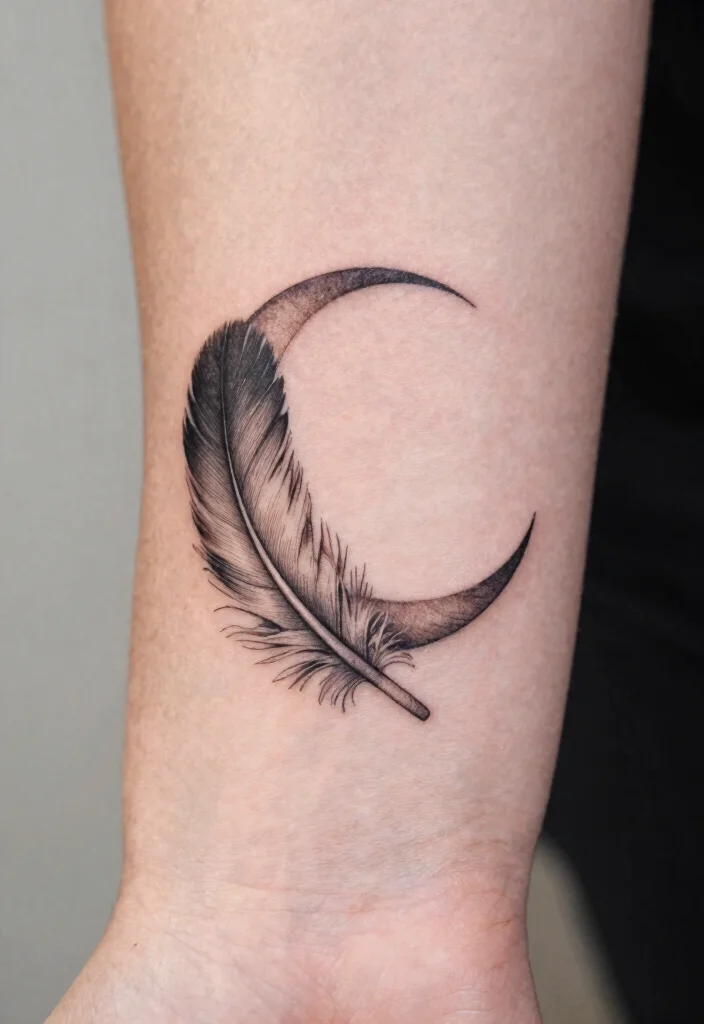 16 Moon Tattoo Fine Line Ideas With Subtle Beauty - 14. Moon and Feather 1