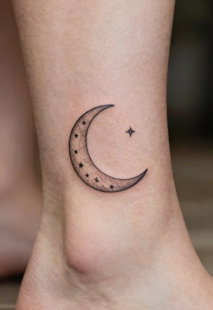 16 Moon Tattoo Fine Line Ideas With Subtle Beauty - 4. Crescent Moon with Stars 1