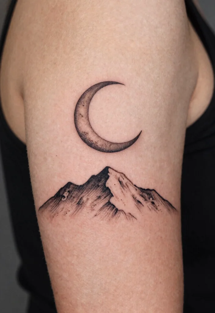16 Moon Tattoo Fine Line Ideas With Subtle Beauty - 5. Moon and Mountain Silhouette 1