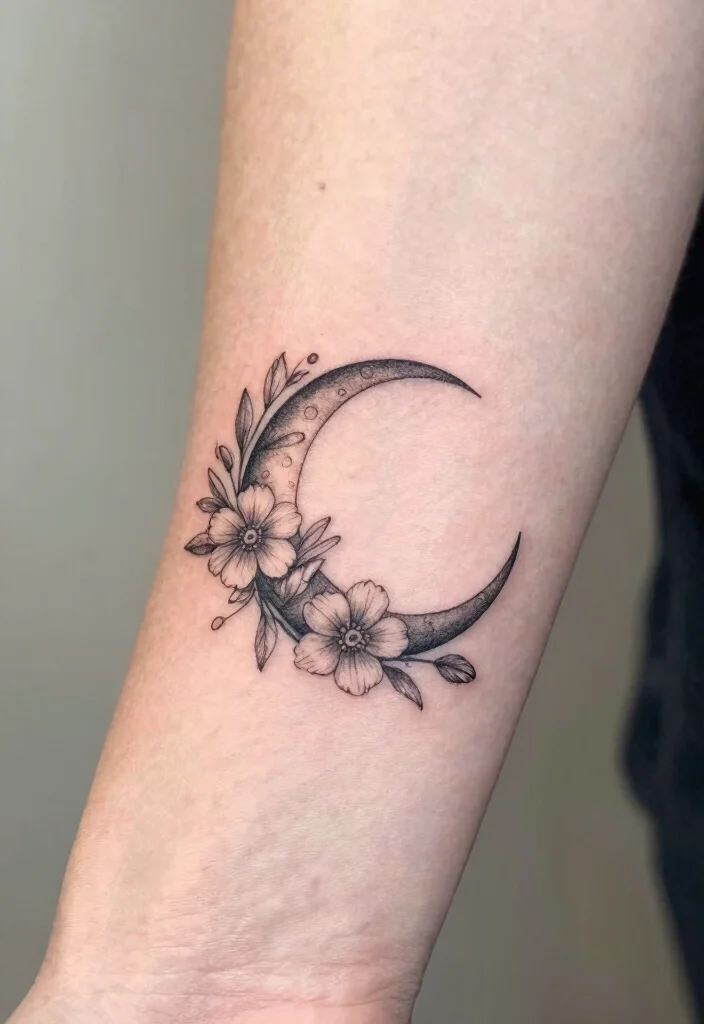 16 Moon Tattoo Fine Line Ideas With Subtle Beauty - 6. Minimalist Moon with Floral Elements 1