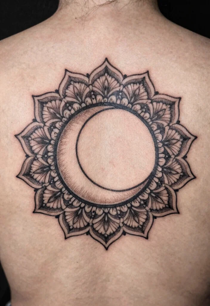 16 Moon Tattoo Fine Line Ideas With Subtle Beauty - 9. Fine Line Moon with Mandala 1