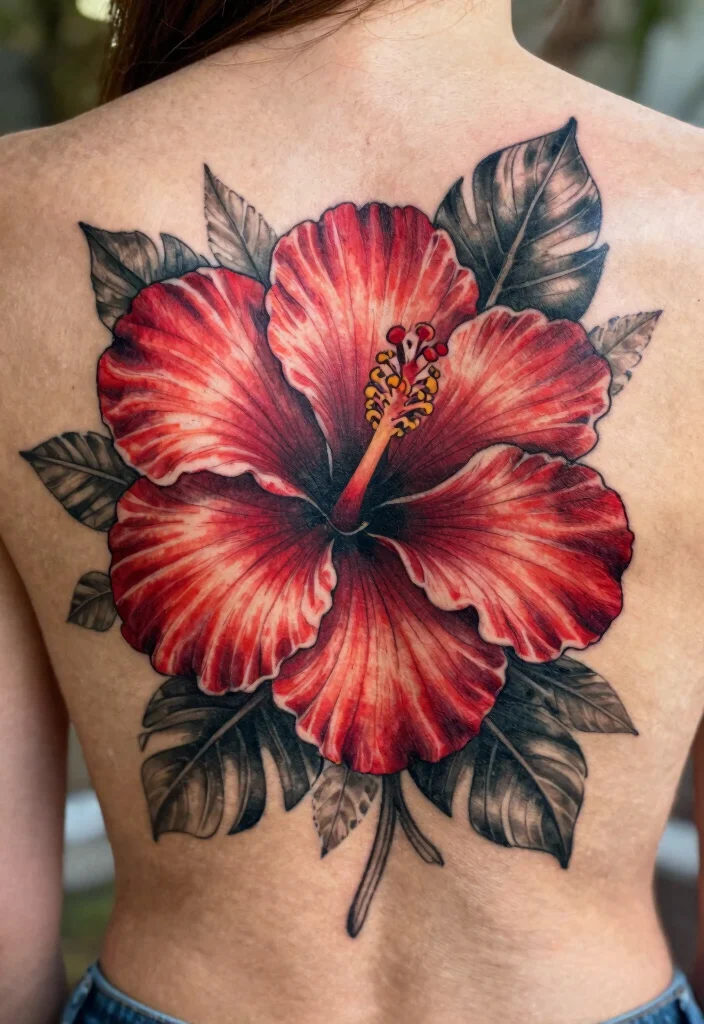 16 Red Hibiscus Tattoo Ideas With Tropical Energy - 1. Bold Back Piece 1