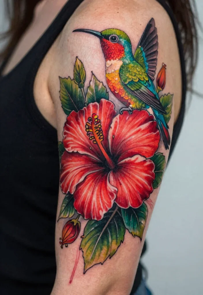 16 Red Hibiscus Tattoo Ideas With Tropical Energy - 11. Hibiscus and Tropical Birds 1