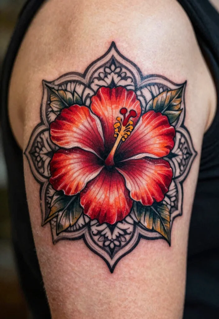 16 Red Hibiscus Tattoo Ideas With Tropical Energy - 12. Floral Mandala with Hibiscus 1