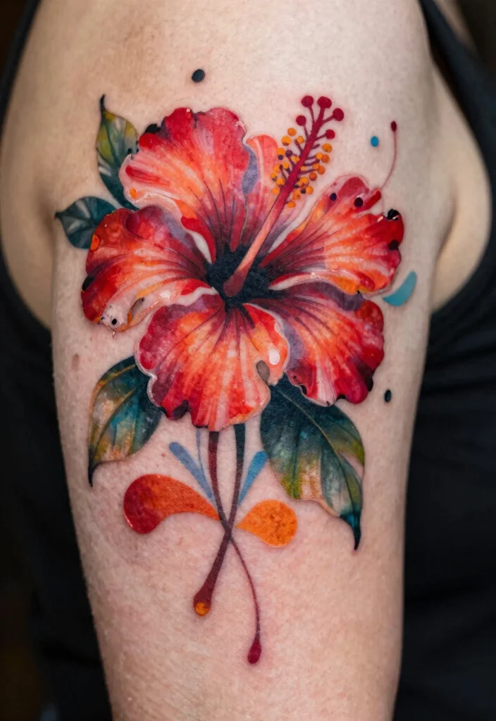 16 Red Hibiscus Tattoo Ideas With Tropical Energy - 13. Abstract Hibiscus Art 1
