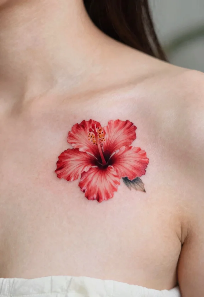 16 Red Hibiscus Tattoo Ideas With Tropical Energy - 14. Small Chest Piece 1