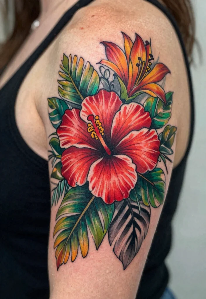 16 Red Hibiscus Tattoo Ideas With Tropical Energy - 15. Layered Floral Design 1