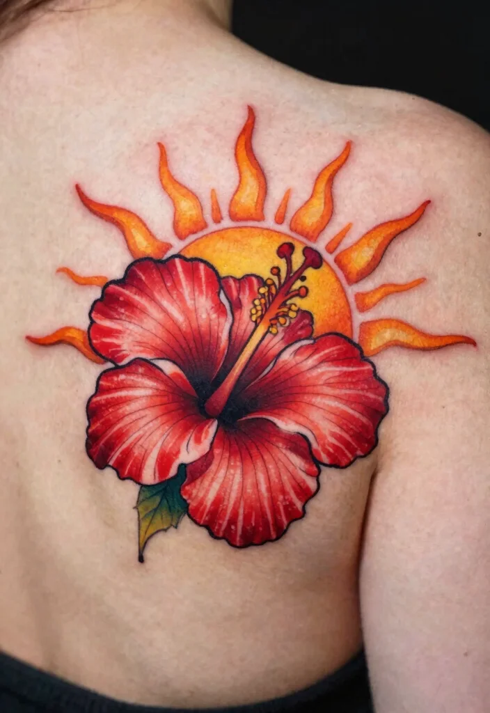 16 Red Hibiscus Tattoo Ideas With Tropical Energy - 16. Sun and Hibiscus Combo 1