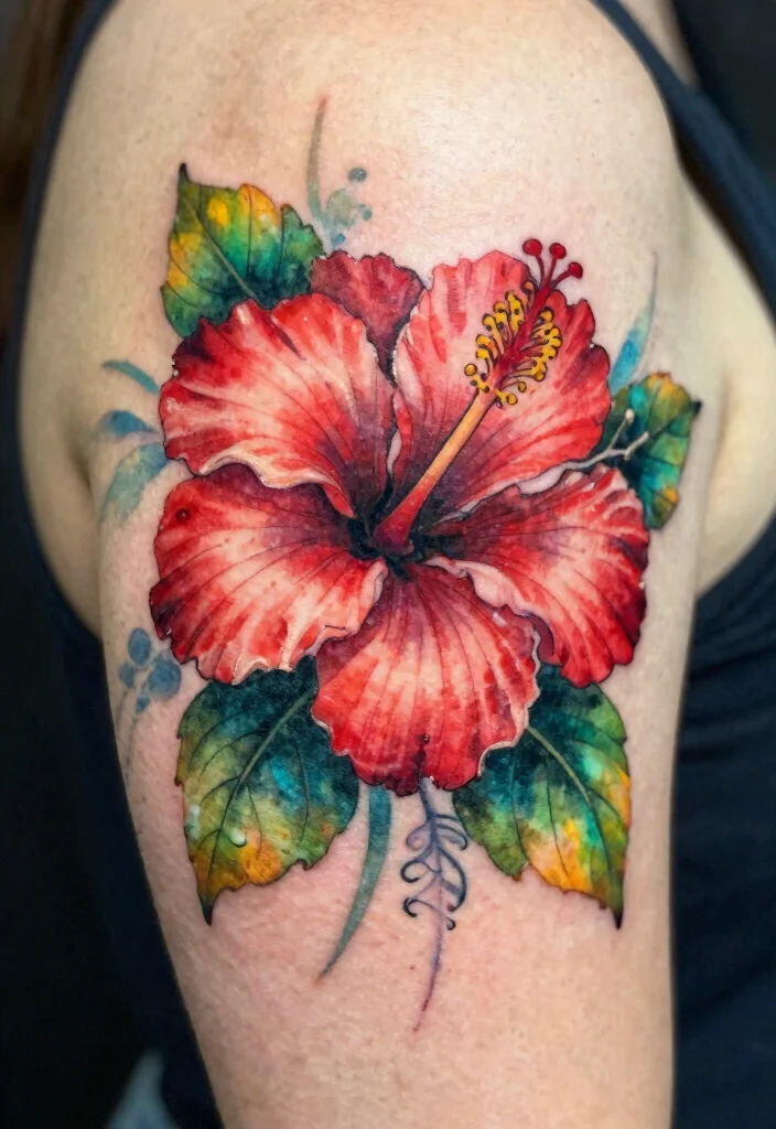 16 Red Hibiscus Tattoo Ideas With Tropical Energy - 3. Watercolor Hibiscus 1