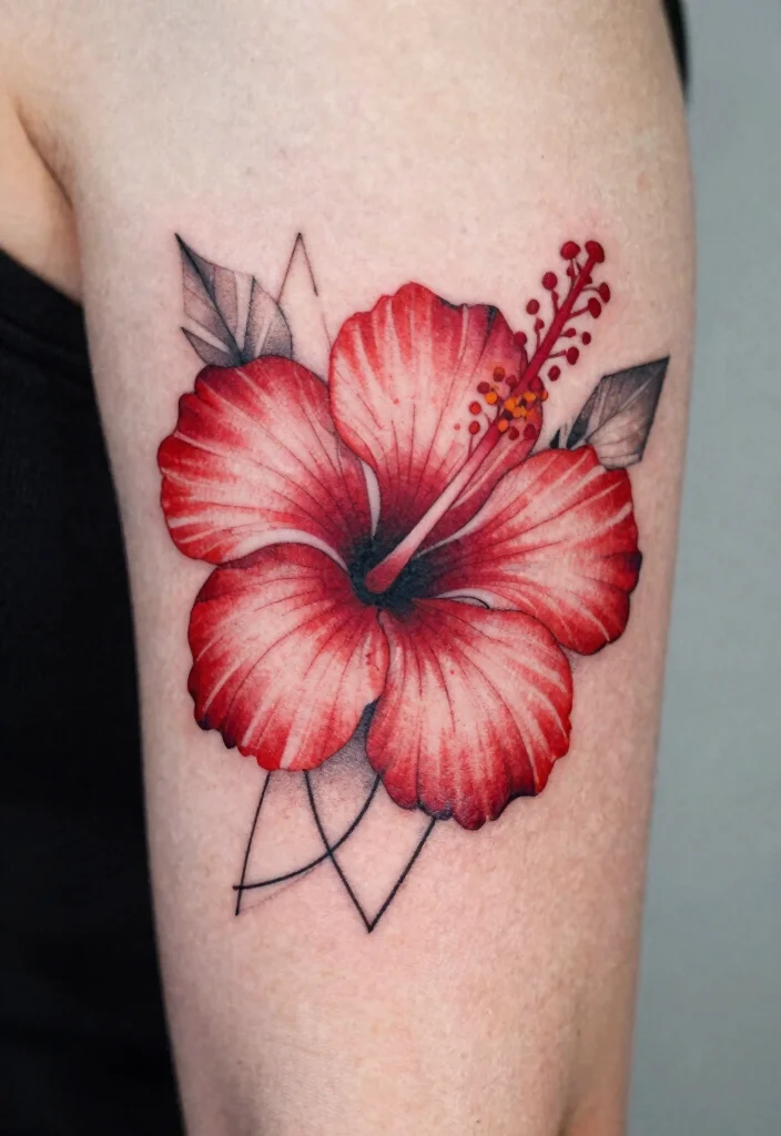 16 Red Hibiscus Tattoo Ideas With Tropical Energy - 5. Geometric Hibiscus 1