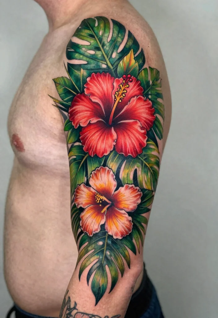 16 Red Hibiscus Tattoo Ideas With Tropical Energy - 6. Tropical Sleeve 1