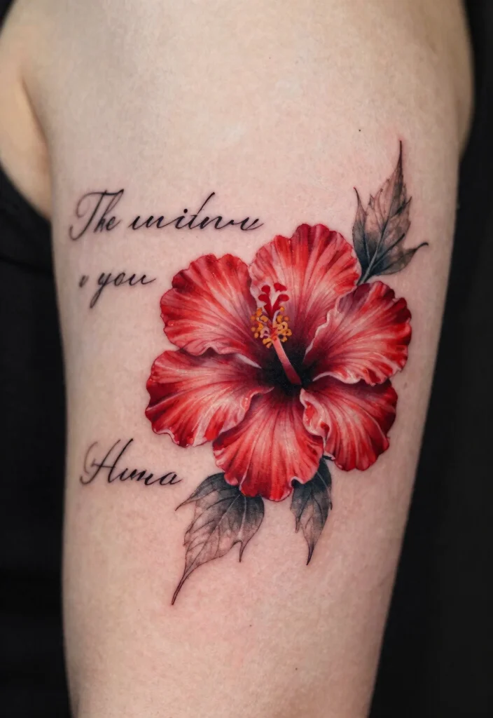 16 Red Hibiscus Tattoo Ideas With Tropical Energy - 7. Hibiscus with a Quote 1