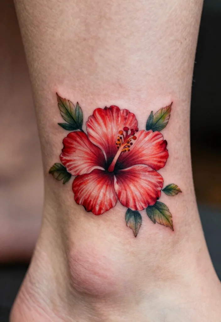 16 Red Hibiscus Tattoo Ideas With Tropical Energy - 8. Vibrant Ankle Design 1