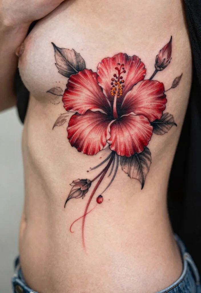 16 Red Hibiscus Tattoo Ideas With Tropical Energy - 9. Side Rib Tattoo 1
