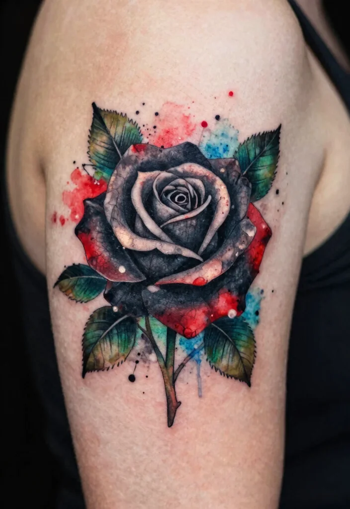 16 Rose Tattoo Realistic Ideas That Look Stunning - 10. Watercolor and Black Ink Fusion 1
