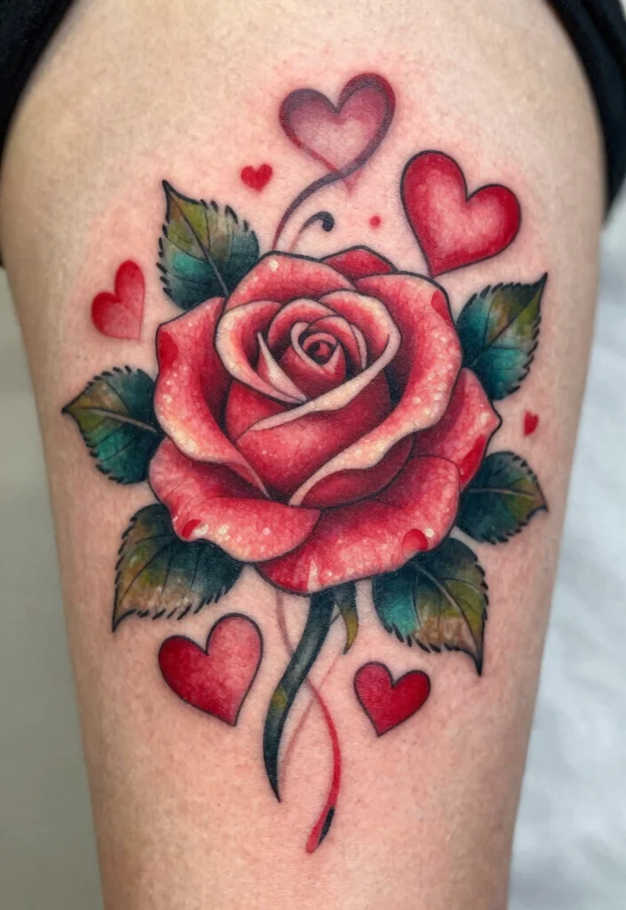 16 Rose Tattoo Realistic Ideas That Look Stunning - 12. Rose and Hearts Combination 1